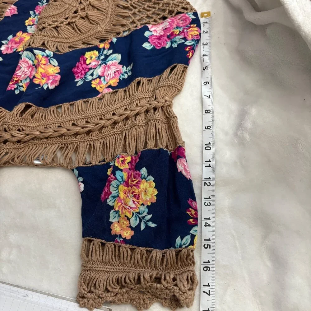 Boho Chic Crochet & Floral Knit Top With Raglan Sleeves Size Small